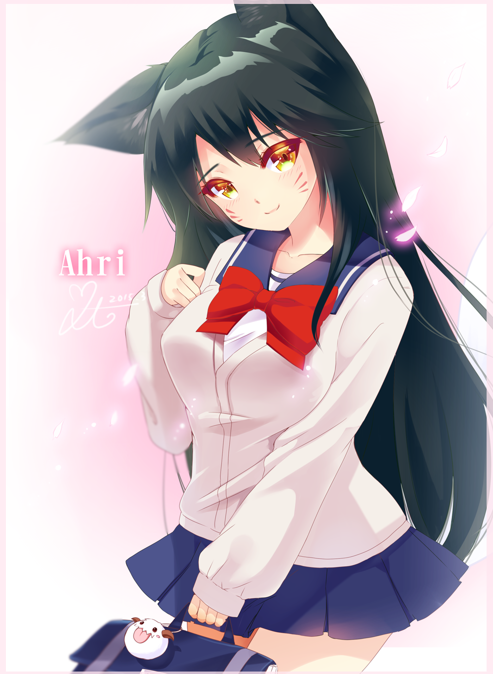 1girl, ahri_(league_of_legends), akira_b, alternate_costume, animal_ears, bag, black_hair, blush