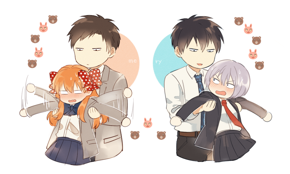 10s, 2boys, 2girls, artist_name, bad_id, bad_pixiv_id, blank_eyes, blush