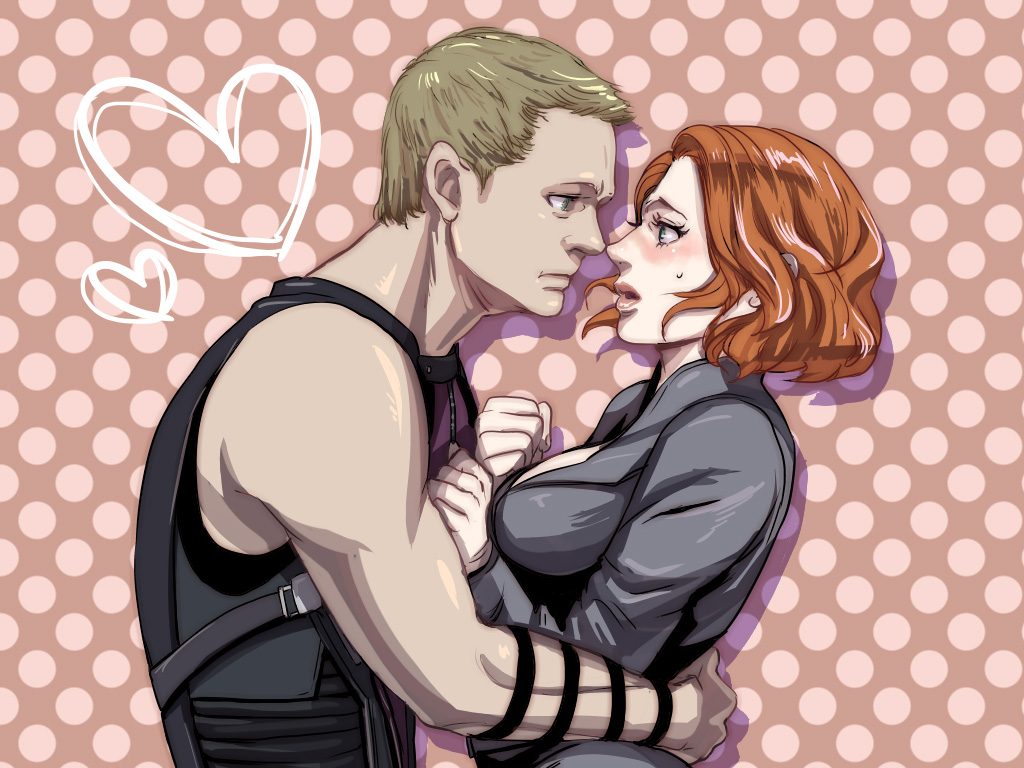 1boy, 1girl, animification, avengers_(series), black_widow, blush, bodysuit, boots, bow_(weapon), breasts, brown_hair, cleavage, clint_barton, fingerless_gloves, from_side, gloves, hawkeye_(marvel), heart, hetero, marvel, natasha_romanoff, red_hair, short_hair, vivienne9westwood, weapon