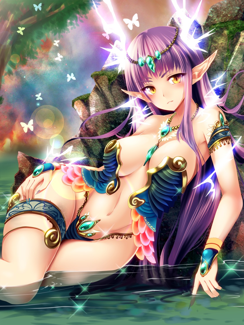 1girl, akira_b, armor, bikini_armor, blush, breasts, bug, butterfly, covered_erect_nipples, curvy, female_focus, highres, insect, large_breasts, long_hair, looking_at_viewer, lying_on_water, midriff, nail_polish, navel, off_shoulder, on_rock, original, outdoors, parted_lips, pink_hair, pointy_ears, priget_plus, rock, sitting, solo, tiara, wide_hips, yellow_eyes