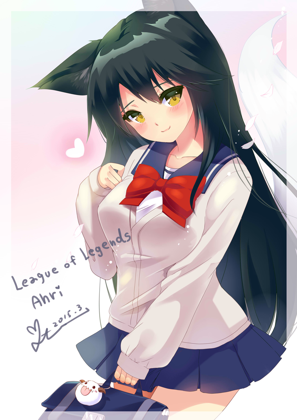 1girl, ahri_(league_of_legends), akira_b, alternate_costume, animal_ears, bag, black_hair, blush