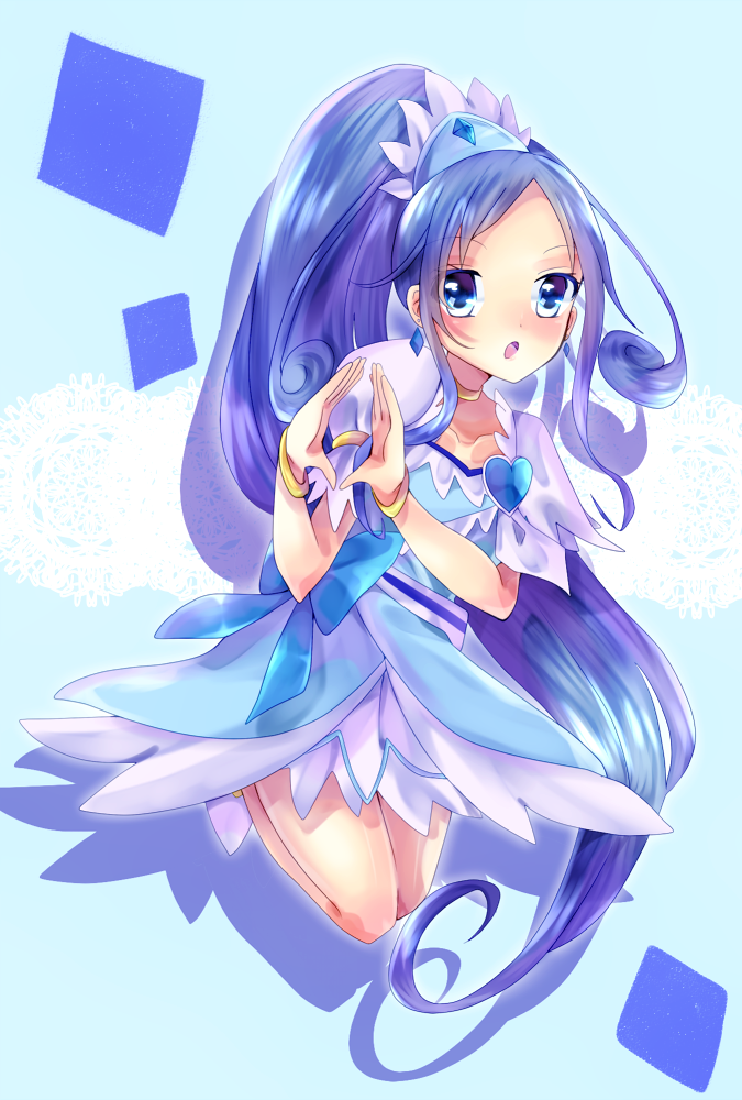 1girl, blue_bow, blue_eyes, blue_hair, bow, brooch, choker, cure_diamond