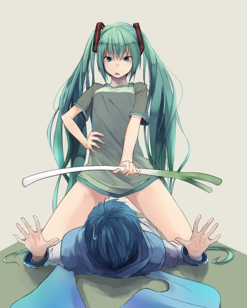 1boy, 1girl, bad_id, bad_pixiv_id, blue_hair, green_eyes, green_hair, hand_on_own_hip