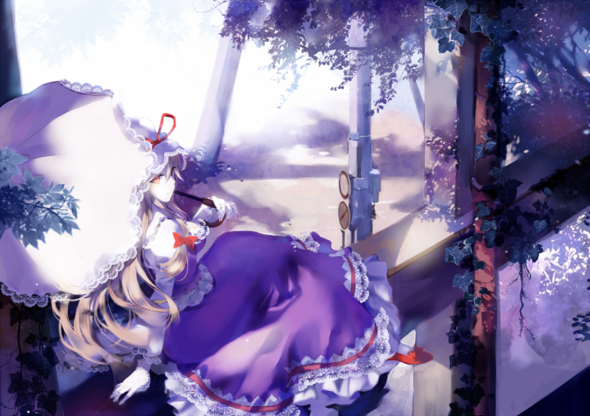 1girl, alternate_eye_color, arm_support, arms_behind_back, blonde_hair, bow, dress, female_focus