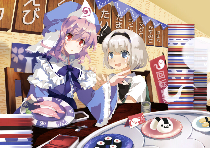 2girls, blue_eyes, blush, bow, bowtie, collar, fish_(food), food