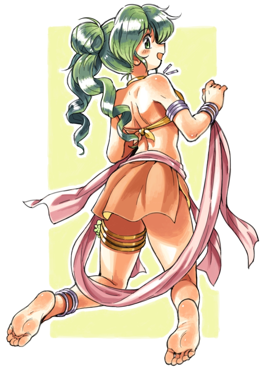 1girl, anklet, back, barefoot, bracelet, dancer, feet, female_focus, fire_emblem, fire_emblem:_genealogy_of_the_holy_war, full_body, green_eyes, green_hair, highres, jewelry, kneeling, legs, long_hair, looking_back, matching_hair/eyes, nintendo, oyatsu_(mk2), plantar_flexion, ponytail, silvia_(fire_emblem), skirt, smile, soles, solo, toes, twintails