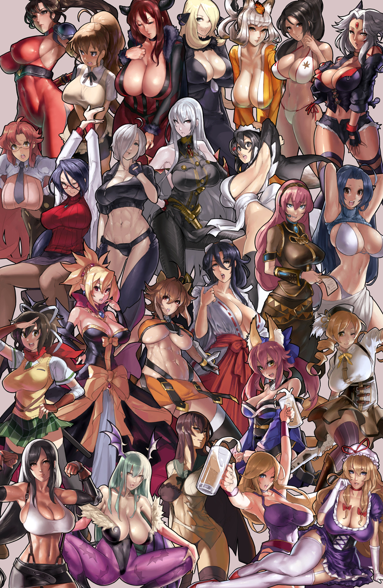 00s, 10s, 1990s_(style), 6+girls, abs, alcohol, angel_(kof), animal_ear_fluff