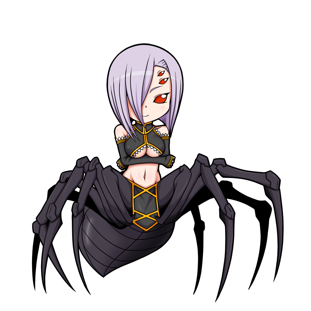 10s, 1girl, aoba_kino, arachne, arthropod_girl, breasts, chibi, crossed_arms, detached_sleeves, extra_eyes, female_focus, full_body, insect_girl, large_breasts, light_purple_hair, looking_at_viewer, monster_girl, monster_musume_no_iru_nichijou, multiple_legs, navel, rachnera_arachnera, red_eyes, simple_background, smile, solid_eyes, solo, spider_girl, taur, underboob, white_background