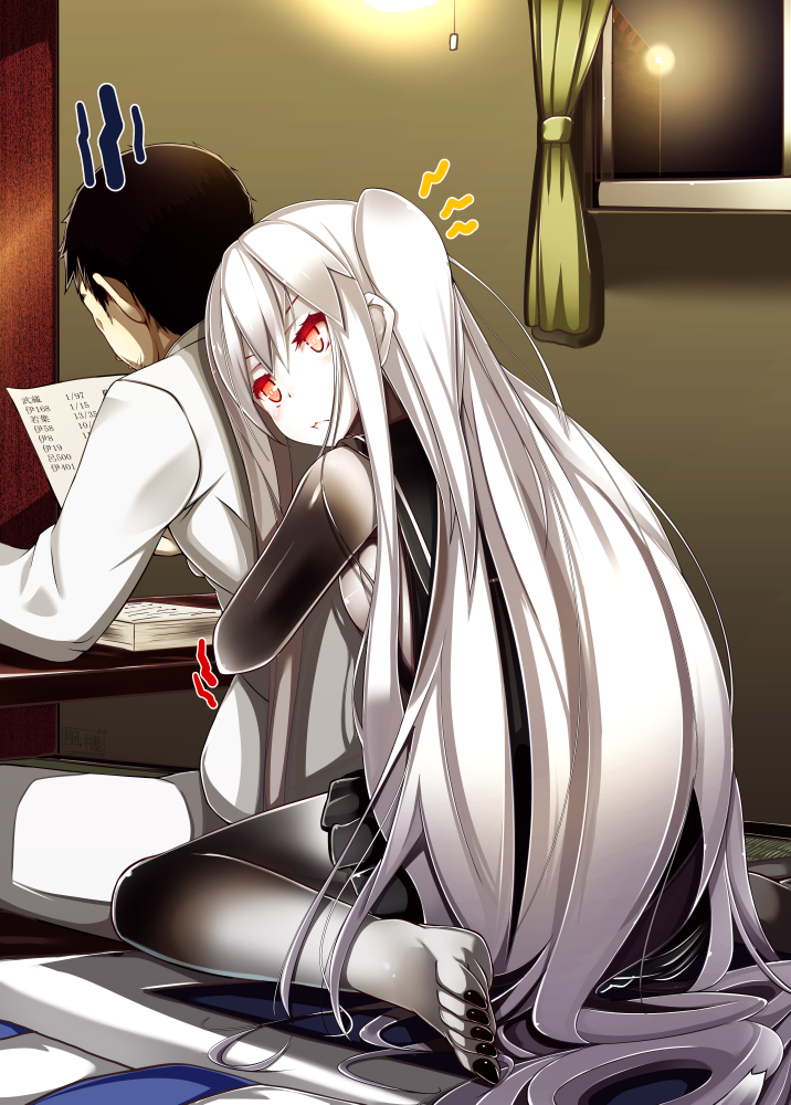 10s, 1boy, 1girl, ^^^, abyssal_ship, admiral_(kancolle), aircraft_carrier_oni, barefoot, blush, breasts, colored_skin, dress, fuuki_(nicoseiga), fuuki_(te_fuukin), hetero, hug, hug_from_behind, kantai_collection, long_hair, nail_polish, one_side_up, orange_eyes, sailor_dress, short_dress, sideboob, sitting, toenail_polish, toenails, very_long_hair, wariza, white_hair, white_skin