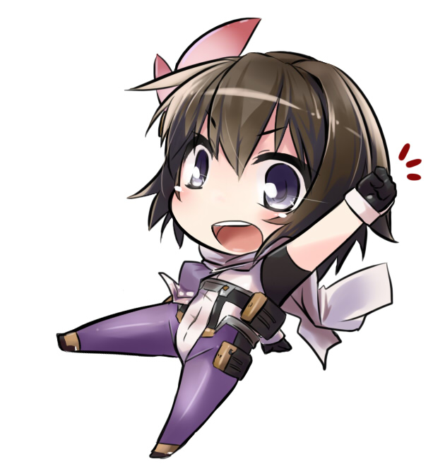 1girl, blue_eyes, bodysuit, brown_hair, chibi, chris1026, female_focus, kani_saizou