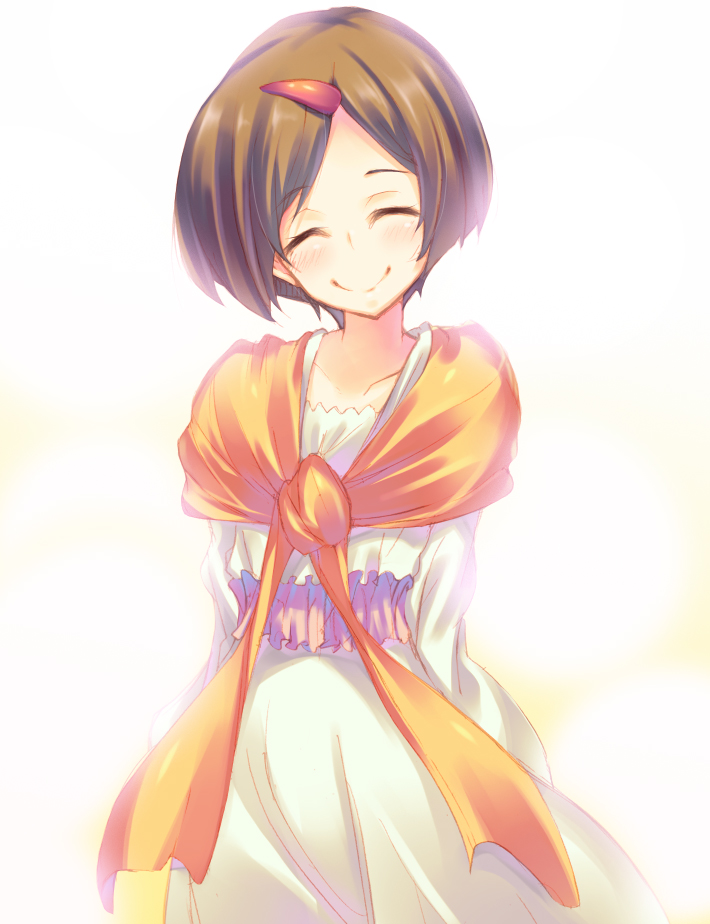 10s, 1girl, arms_behind_back, blush, brown_hair, closed_eyes, dress, female_focus