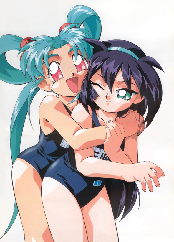 1990s_(style), 2girls, amano_misao_(pretty_sammy), blue_eyes, blue_hair, hug, kawai_sasami, mahou_shoujo_pretty_sammy