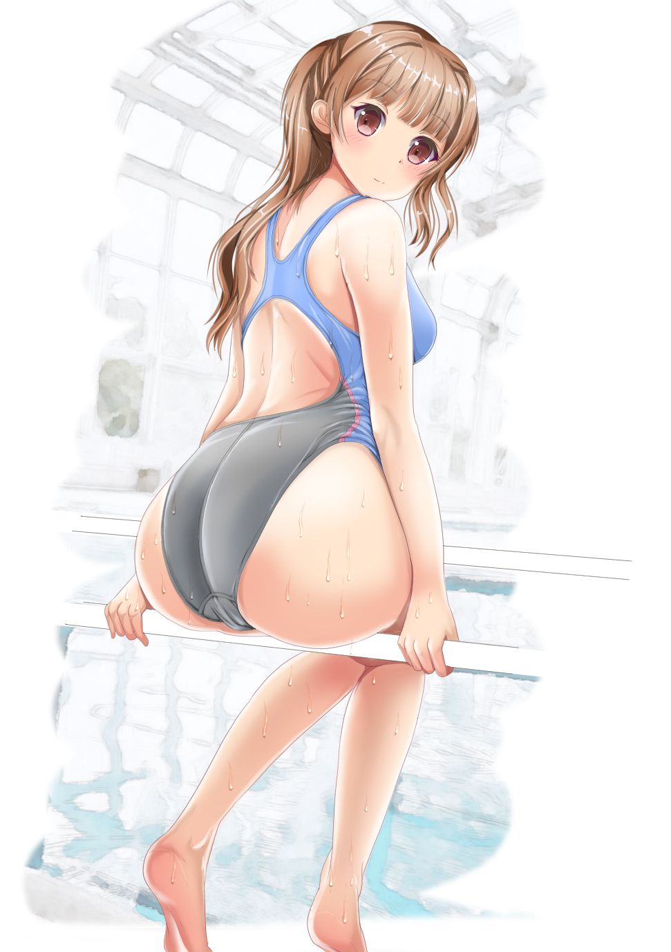 1girl, ass, bare_shoulders, barefoot, breasts, competition_swimsuit, female_focus, highres