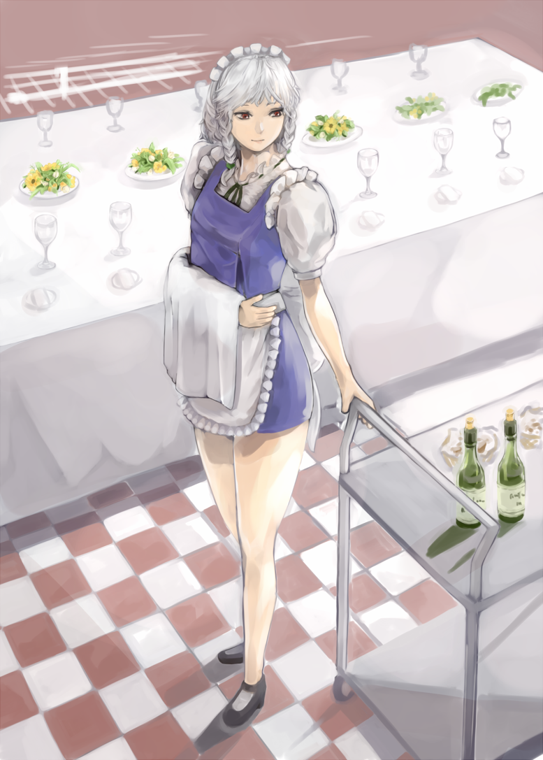 1girl, apron, bare_legs, black_ribbon, black_shoes, bottle, braid, cart