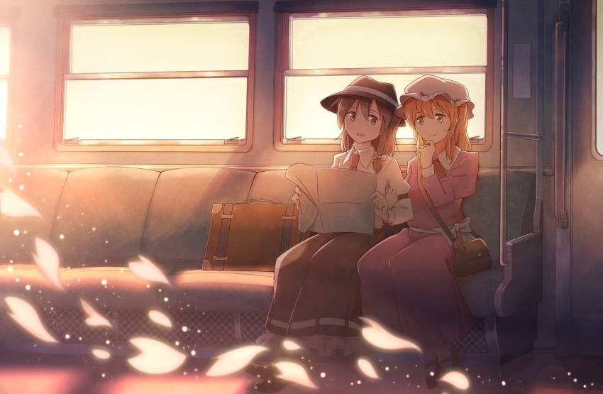 2girls, bag, black_skirt, blonde_hair, bow, brown_eyes, brown_hair, collared_shirt, couple, dress, fedora, frilled_skirt, frills, hair_bow, hand_on_own_chin, handbag, hat, holding_another's_arm, hand_on_own_arm, light, light_particles, long_hair, long_sleeves, looking_at_another, map, maribel_hearn, mary_janes, mob_cap, multiple_girls, necktie, petals, puffy_long_sleeves, puffy_sleeves, purple_dress, retrospective_53_minutes, shirt, shoes, side-by-side, sitting, skirt, slice_of_life, smile, socks, suitcase, sunset, touhou, train, train_interior, unagi_sango, usami_renko, yellow_eyes