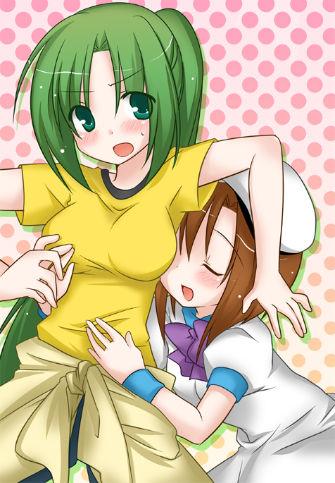 00s, 2girls, blush, breasts, brown_hair, closed_eyes, grabbing_another's_breast, green_eyes