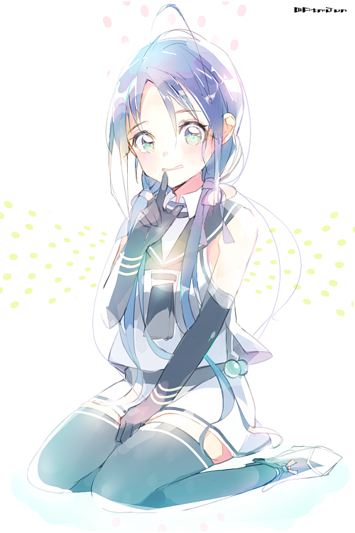 10s, 1girl, aqua_eyes, atsumi_jun, bad_id, bad_twitter_id, black_thighhighs, blue_hair, blush, elbow_gloves, female_focus, finger_to_mouth, full_body, gloves, kantai_collection, long_hair, looking_at_viewer, low_twintails, school_uniform, seiza, serafuku, shushing, sitting, skirt, solo, suzukaze, suzukaze_(kancolle), thighhighs, twintails, very_long_hair, white_background