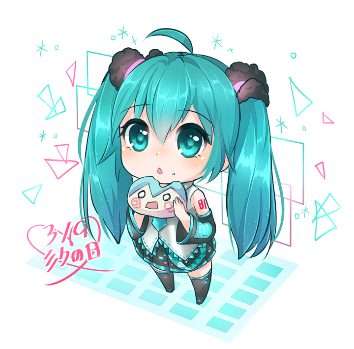 1girl, 39, ahoge, aqua_eyes, aqua_hair, chibi, detached_sleeves, female_focus, firuo_(king_fish), food, hatsune_miku, long_hair, necktie, open_mouth, skirt, solo, thighhighs, twintails, very_long_hair, vocaloid