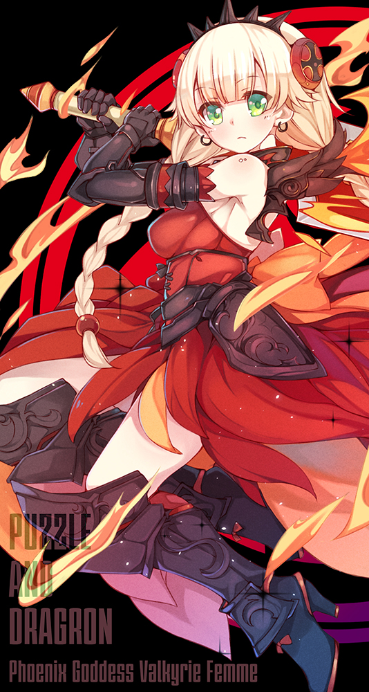 1girl, armor, armored_boots, armored_dress, bare_shoulders, blonde_hair, blush, boots