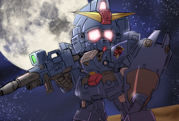 aiba_kyobo, blue_destiny_02, chibi, gun, gundam, gundam_side_story:_the_blue_destiny, mecha, moon