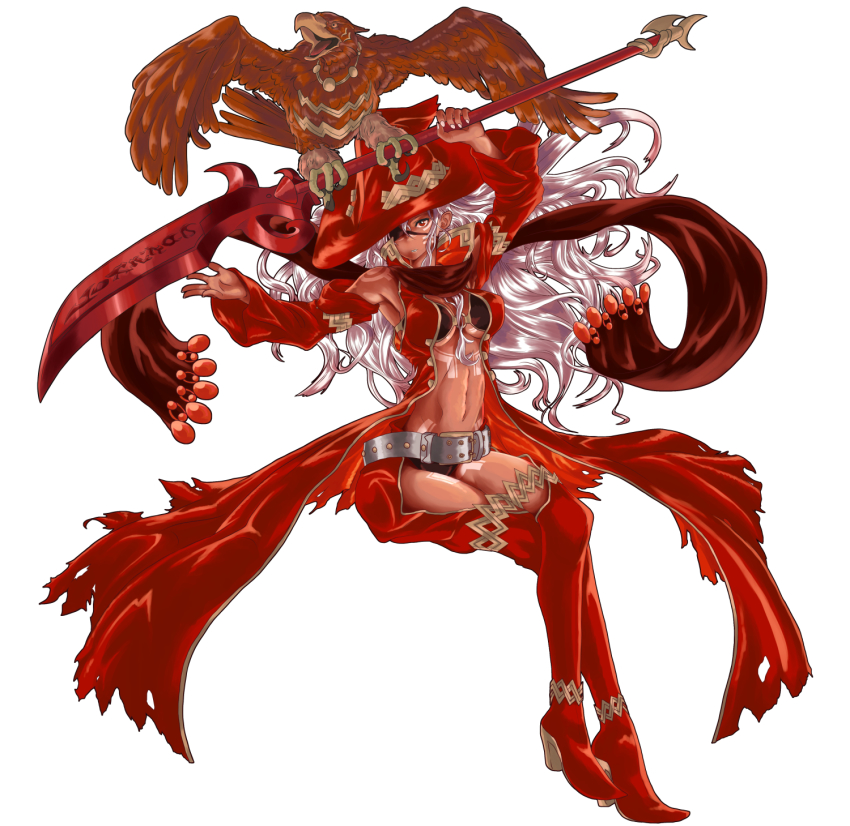 1girl, belt, bird, dark_skin, eyepatch, fuyunohajime, gender_request, genderswap