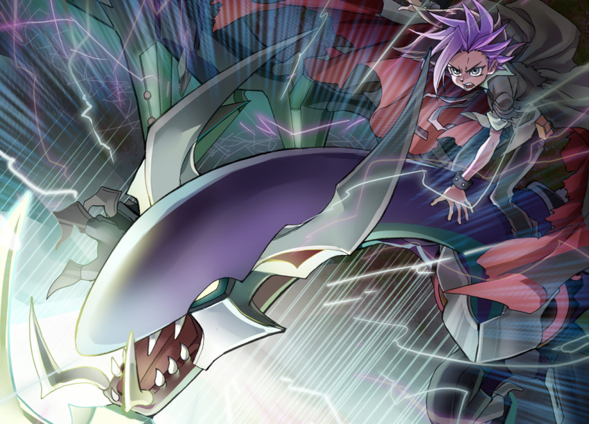 1boy, bad_id, bad_pixiv_id, black_hair, cloak, dark_rebellion_xyz_dragon, dragon, duel_monster