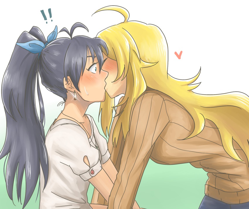 ahoge, bad_id, bad_pixiv_id, blonde_hair, blue_eyes, blush, earrings, ganaha_hibiki, highres, hoshii_miki, idolmaster, idolmaster_(classic), ivlice, jewelry, kiss, long_hair, multiple_girls, ponytail, sweater, turtleneck, yuri