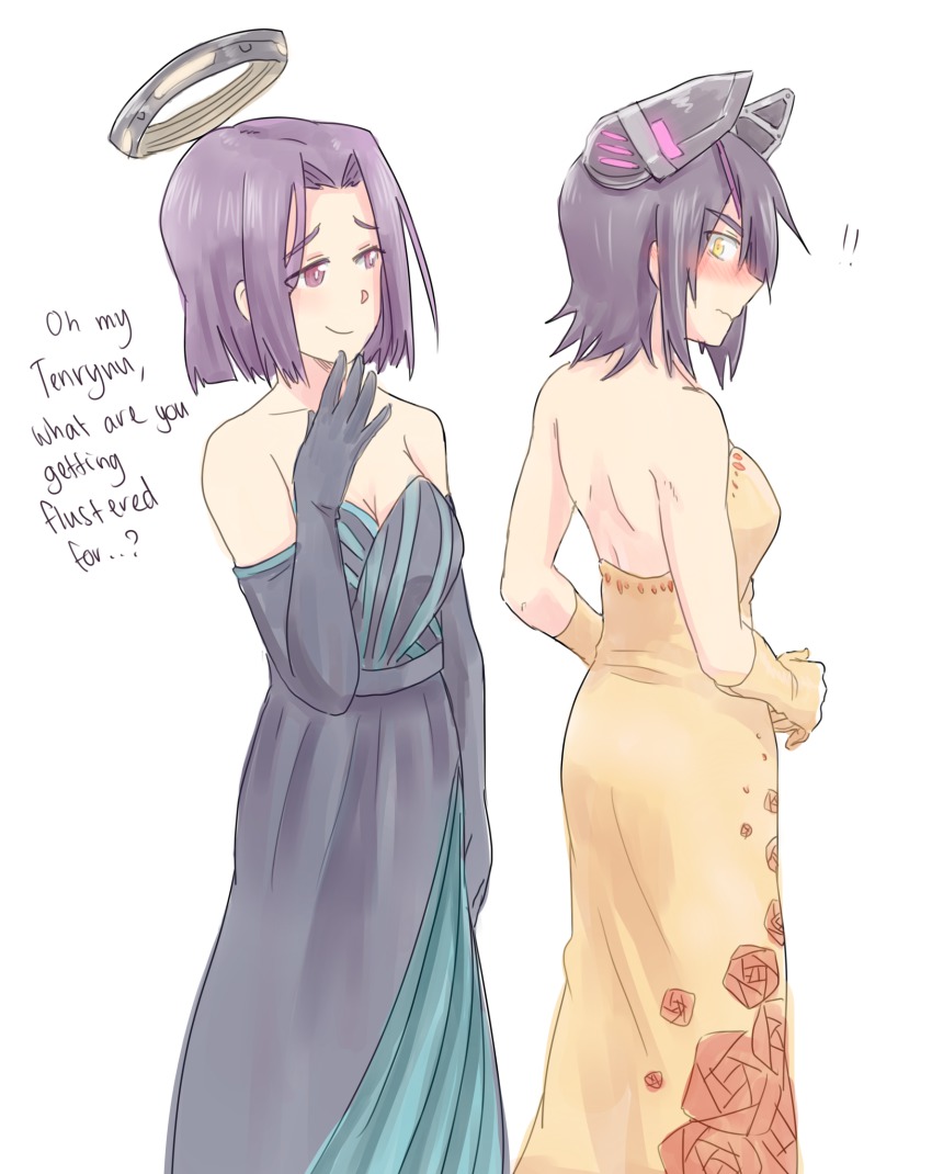 10s, 2girls, blush, dress, elbow_gloves, english_text, evening_gown, eyepatch