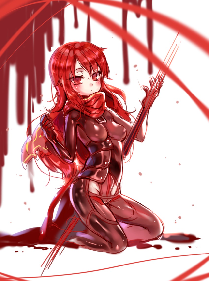 1girl, bad_id, bad_pixiv_id, black_legwear, bodysuit, breasts, dark_knight_(elsword), elesis_(elsword)