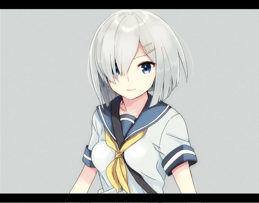10s, 1girl, blue_eyes, female_focus, grey_background, hair_ornament, hair_over_one_eye, hairclip, hamakaze_(kancolle), highres, kairi0219, kantai_collection, letterboxed, looking_at_viewer, school_uniform, serafuku, short_hair, silver_hair, simple_background, smile, solo
