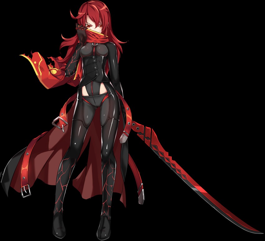1girl, black_legwear, bodysuit, breasts, contrapposto, corset, covering_own_mouth, dark_knight_(elsword), elesis_(elsword), elsword, female_focus, full_body, highres, long_hair, looking_at_viewer, official_art, red_eyes, red_hair, ress, scarf, small_breasts, solo, standing, sword, transparent_background, weapon