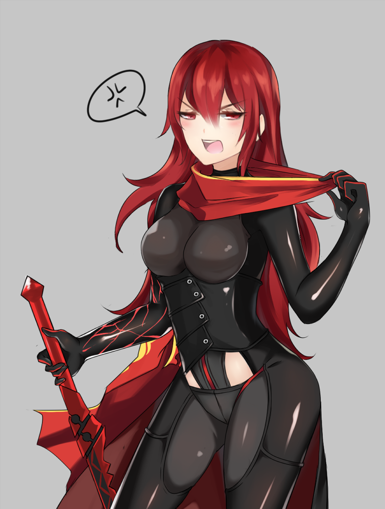 1girl, anger_vein, black_legwear, bodysuit, breasts, dark_knight_(elsword), elesis_(elsword), elsword