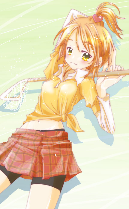 00s, 1girl, alternate_hairstyle, bike_shorts, female_focus, futari_wa_precure, kawaizumi_pome, lacrosse