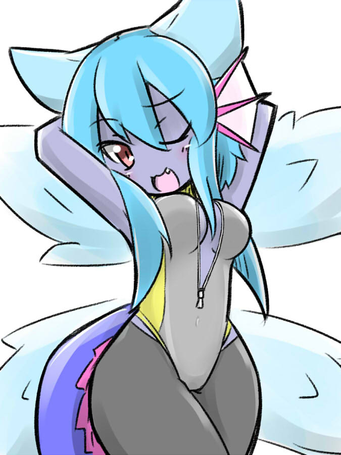 1girl, ;d, blue_hair, breasts, cleavage, colored_skin, demon_girl, demon_tail