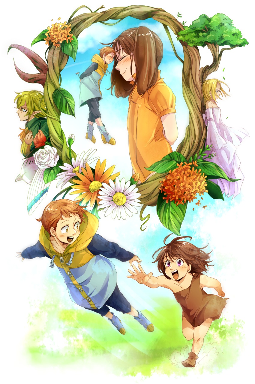 10s, 2boys, 2girls, :d, bad_id, bad_pixiv_id, bare_shoulders, blonde_hair, blush, bodysuit, boots, brown_eyes, brown_hair, detached_sleeves, diane_(nanatsu_no_taizai), dress, elaine, elaine_(nanatsu_no_taizai), floating, flower, forehead-to-forehead, giant, giantess, green_hair, grin, heads_together, unworn_headwear, helbram, helmet, unworn_helmet, highres, hood, jacket, king_(nanatsu_no_taizai), leotard, long_hair, long_sleeves, mimxxpk, multiple_boys, multiple_girls, nanatsu_no_taizai, open_mouth, pointy_ears, purple_eyes, short_hair, short_sleeves, smile, spoilers, teeth, tongue, twintails, yellow_eyes, aged_down