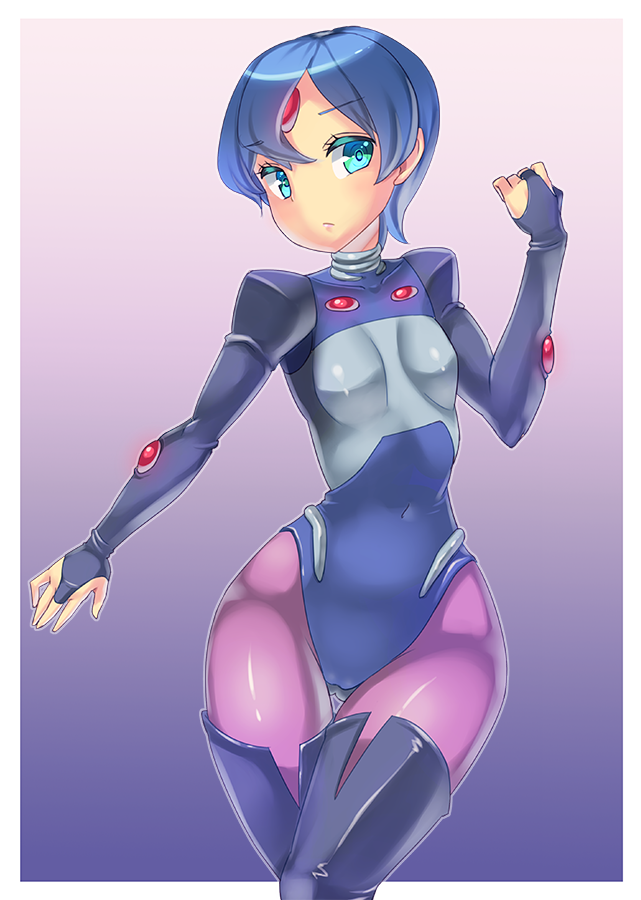 1girl, aqua_eyes, blue_background, blue_hair, bodysuit, breasts, bridal_gauntlets, female_focus, gradient_background, kazo_(kazozakazo), leotard, pink_background, purple_thighhighs, ryss, short_hair, small_breasts, solo, thighhighs, wide_hips, zoids, zoids_chaotic_century