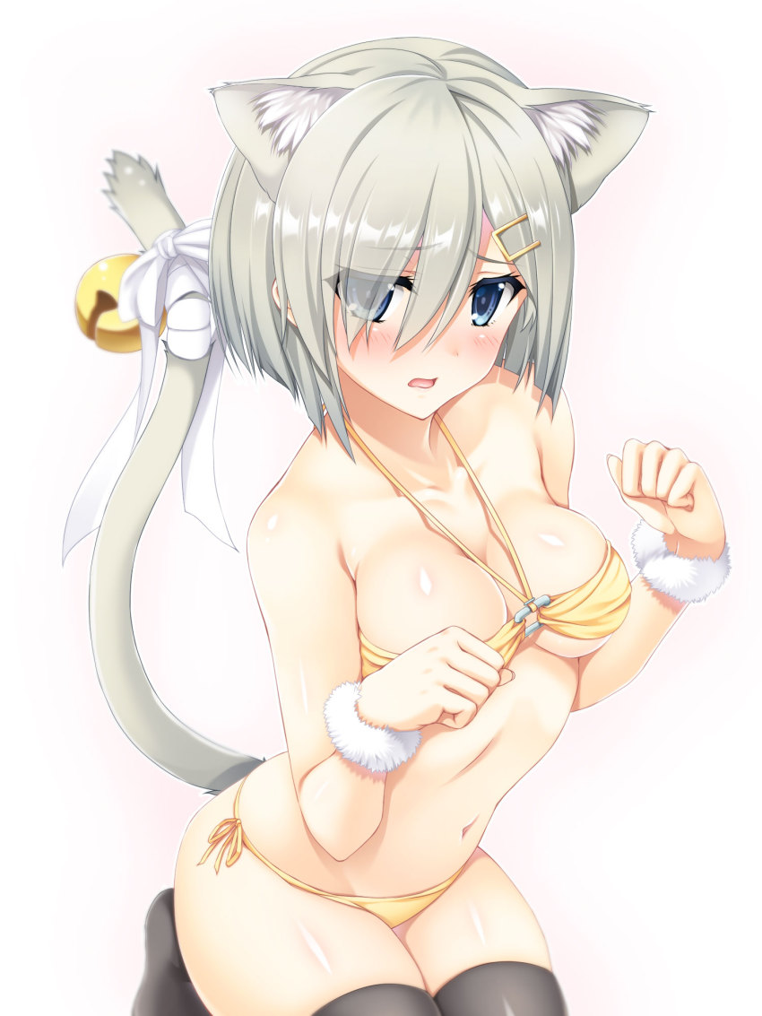 10s, 1girl, animal_ears, bare_shoulders, bell, bikini, black_thighhighs, blue_eyes, blush, breasts, cat_ears, cat_girl, cleavage, colored_eyelashes, female_focus, hair_ornament, hair_over_one_eye, hairclip, hamakaze_(kancolle), highres, jingle_bell, kantai_collection, kemonomimi_mode, large_breasts, looking_at_viewer, moeki_yuuta, open_mouth, paw_pose, ribbon, short_hair, side-tie_bikini_bottom, silver_hair, simple_background, solo, swimsuit, tail, tail_bell, tail_ornament, tail_ribbon, thighhighs, white_background, yellow_bikini, yujin-yujin