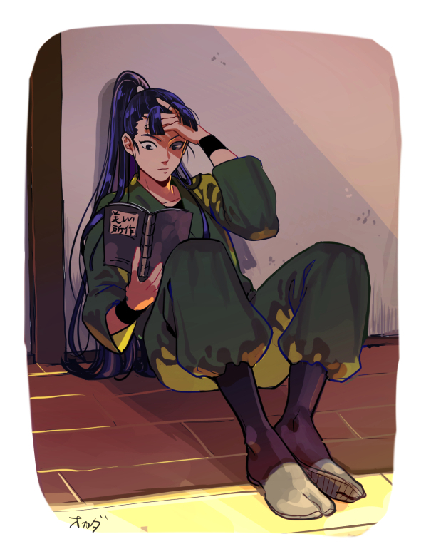 1boy, adjusting_hair, against_wall, black_boots, black_hair, boots, hand_on_own_head, jika-tabi