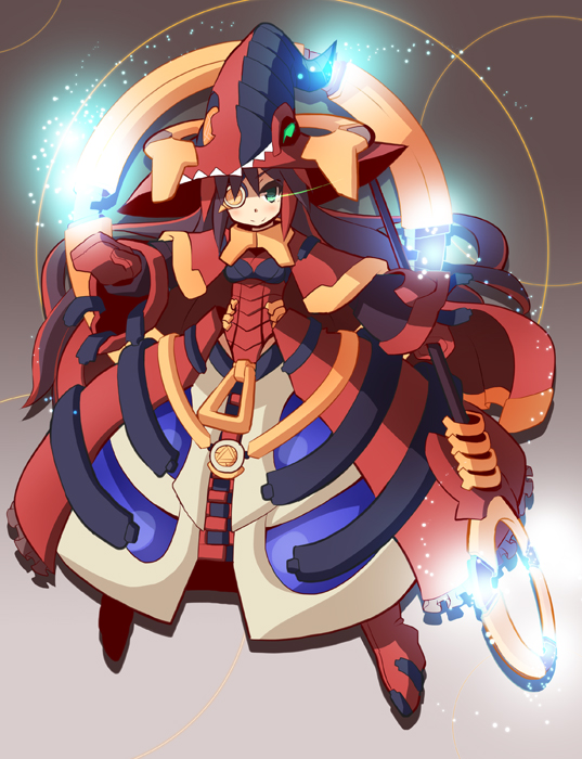 1girl, brown_hair, dress, duel_monster, eyepatch, female_focus, garoudo_(kadouhan'i), gloves, green_eyes, hat, long_hair, multicolored_hair, personification, red_hair, rune-eyes_pendulum_dragon, smile, solo, staff, wizard_hat, yu-gi-oh!, yu-gi-oh!_arc-v