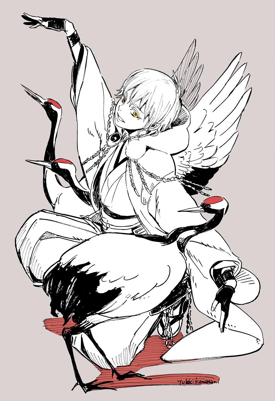 10s, 1boy, artist_name, bird, crane_(animal), fingerless_gloves, gloves, grey_background