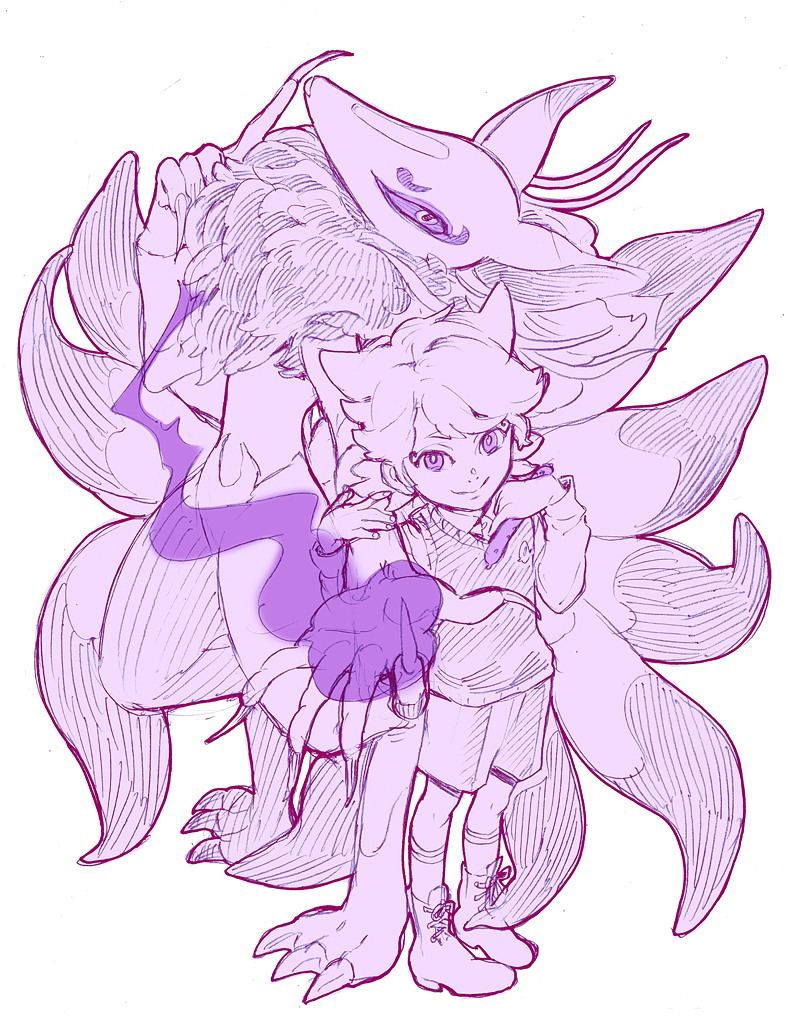 10s, 1girl, boots, dual_persona, fingernails, full_body, kamatani_yuuki, kitsune