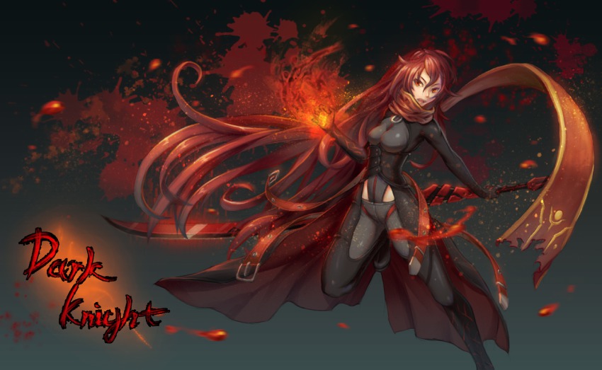 1girl, bodysuit, breasts, dark_knight_(elsword), elesis_(elsword), elsword, female_focus, fire