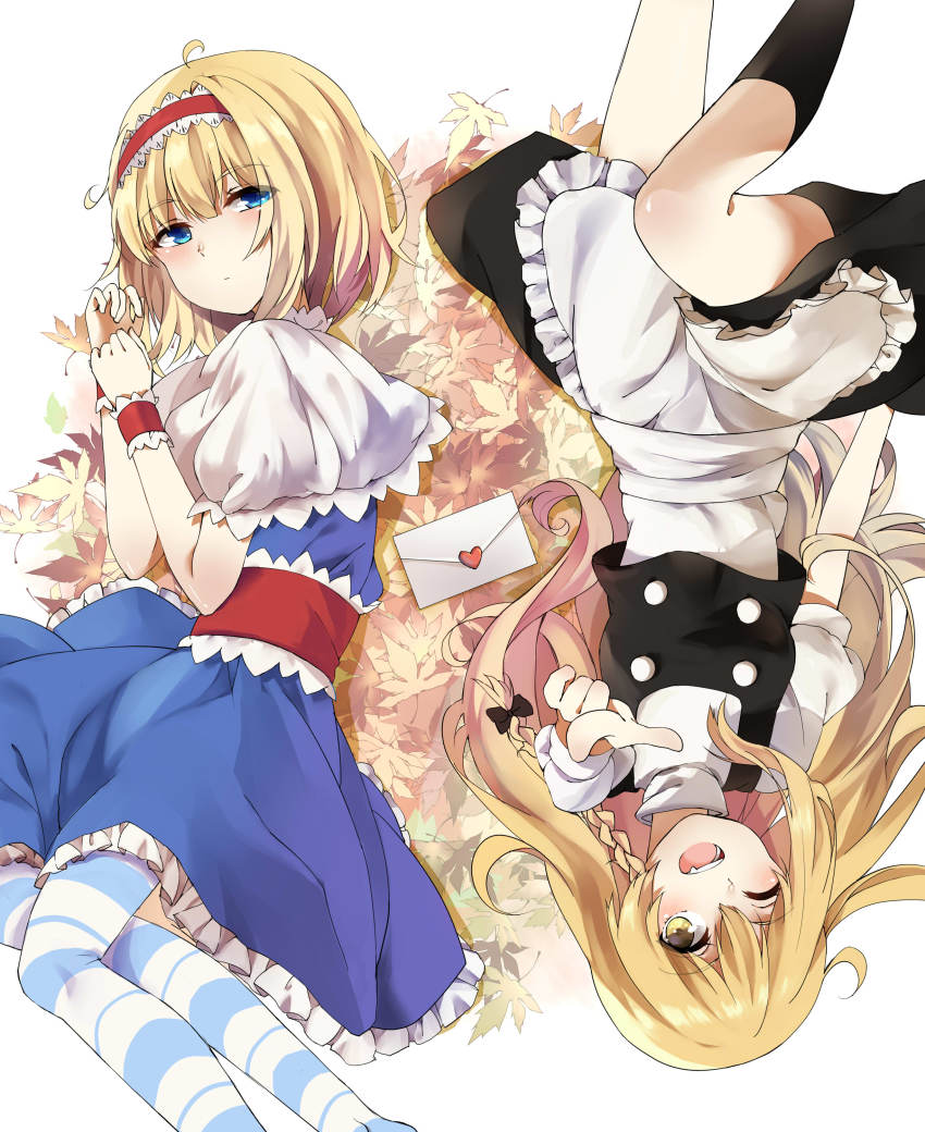 2girls, absurdres, alice_margatroid, apron, autumn_leaves, blonde_hair, blue_dress, blue_eyes