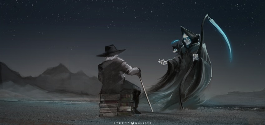 3boys, animal, blue_eyes, book, book_stack, cane, death_(discworld), death_(entity), death_of_rats, desert, discworld, foxinshadow, grim_reaper, hat, hood, male_focus, mountain, mouse_(animal), mouse_tail, multiple_boys, sand, scythe, skeleton, skull, sky, snout, star_(sky), star_(symbol), starry_sky, tail, terry_pratchett, weapon