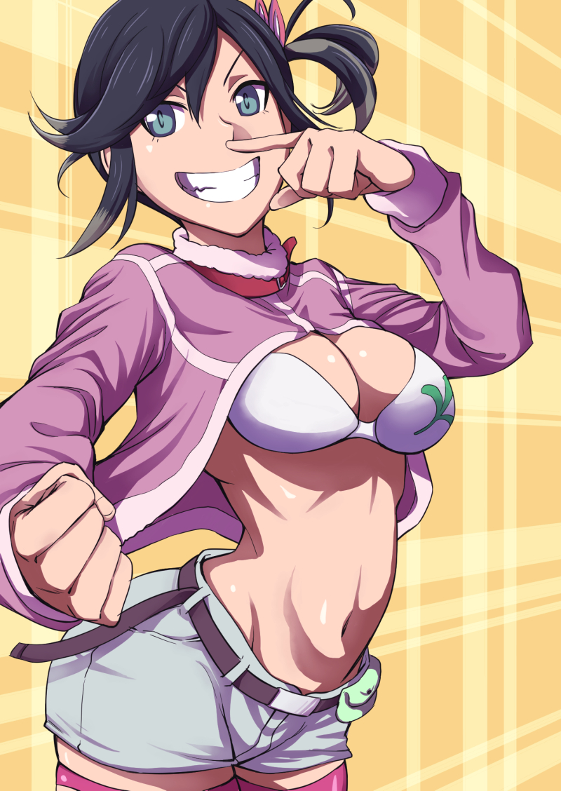 10s, 1girl, belt, black_hair, blue_eyes, bra, breasts, female_focus, grin, hibiki_ai, looking_at_viewer, natsumi_chorisuke, navel, plaid_background, short_hair, short_shorts, shorts, smile, solo, the_rolling_girls, underwear, white_bra