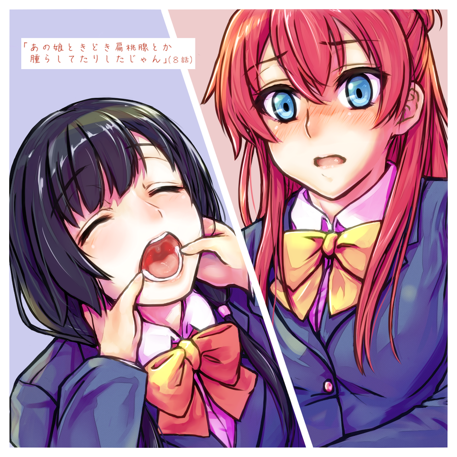 10s, 2girls, black_hair, blush, finger_in_another's_mouth, green_eyes, long_hair, low_twintails