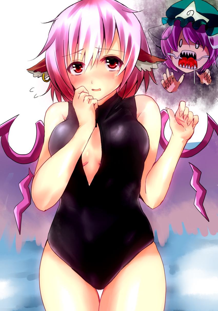 2girls, bad_id, bad_pixiv_id, bird_ear, bird_wings, blush, deformed, front_zipper_swimsuit_(realise), fujimori_tonkatsu, highres, multiple_girls, mystia_lorelei, one-piece_swimsuit, pink_eyes, pink_hair, saigyouji_yuyuko, sketch, swimsuit, touhou, wings