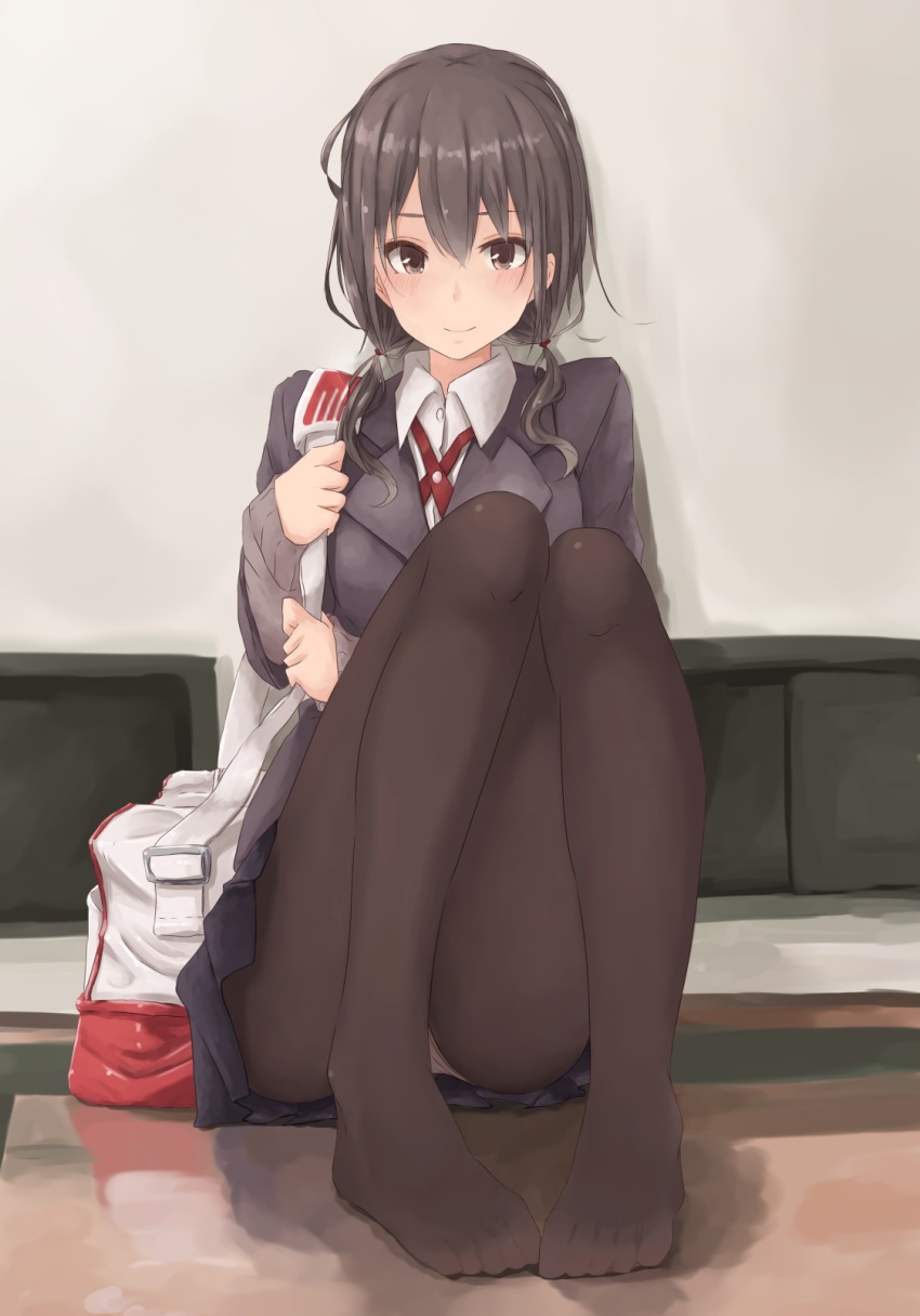 1girl, against_wall, bag, black_eyes, black_hair, black_pantyhose, collared_shirt, feet