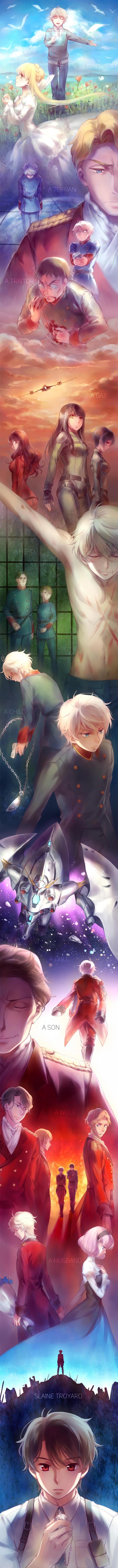 10s, 6+boys, 6+girls, absurdres, aldnoah.zero, amifumi_inko, ascot, asseylum_vers_allusia, barouhcruz, bird, blue_flower, blue_rose, bob_cut, bouquet, buttons, cruhteo, double-breasted, english_text, femieanne, flower, gun, hairband, harklight, highres, jewelry, kaizuka_inaho, kaizuka_yuki, kanmuri_(hanyifan30338), lemrina_vers_envers, long_hair, long_image, long_sleeves, marylcian, mazuurek, mecha, military, military_uniform, multiple_boys, multiple_girls, pendant, puffy_long_sleeves, puffy_sleeves, robot, rose, saazbaum, seagull, short_hair, slaine_troyard, tall_image, tharsis, trillram, weapon