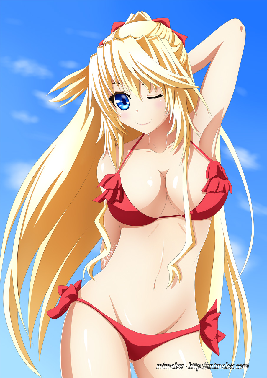 10s, 1girl, absolute_duo, arm_behind_head, bikini, blonde_hair, blue_eyes, breasts
